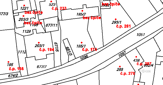 Bohosudov 174, Krupka na parcele st. 185/1 v KÚ Bohosudov, Katastrální mapa