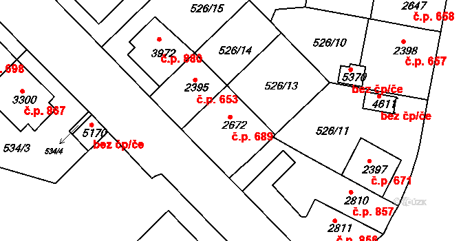 Borovina 689, Třebíč na parcele st. 2672 v KÚ Třebíč, Katastrální mapa