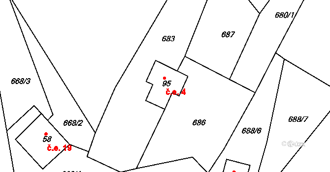 Bzí 4, Železný Brod na parcele st. 95 v KÚ Bzí u Železného Brodu, Katastrální mapa