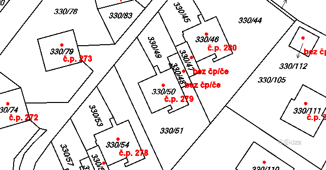 Běhánky 279, Dubí na parcele st. 330/50 v KÚ Běhánky, Katastrální mapa