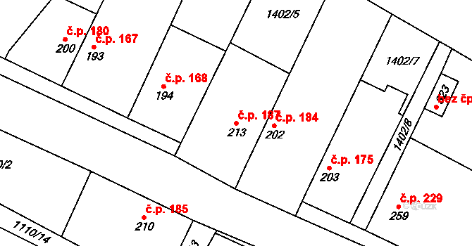 Čečelice 187 na parcele st. 213 v KÚ Čečelice, Katastrální mapa
