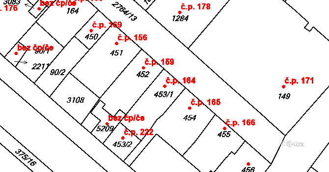 Střed 164, Rokycany na parcele st. 453/1 v KÚ Rokycany, Katastrální mapa