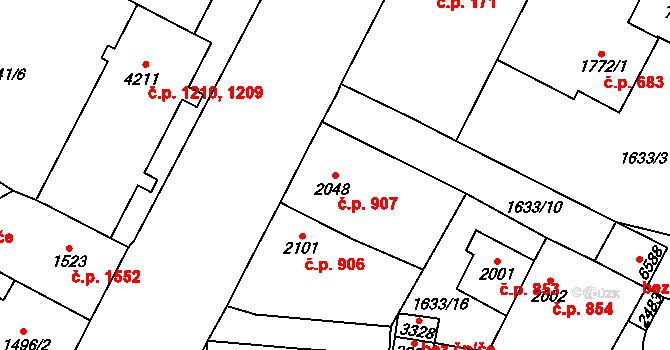 Cheb 907 na parcele st. 2048 v KÚ Cheb, Katastrální mapa
