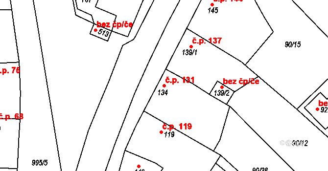 Sendražice 131, Kolín na parcele st. 134 v KÚ Sendražice u Kolína, Katastrální mapa