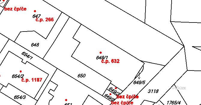 Podolí 632, Praha na parcele st. 649/1 v KÚ Podolí, Katastrální mapa