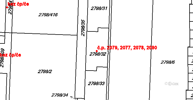 Strašnice 2077,2078,2079,2080, Praha na parcele st. 2798/32 v KÚ Strašnice, Katastrální mapa