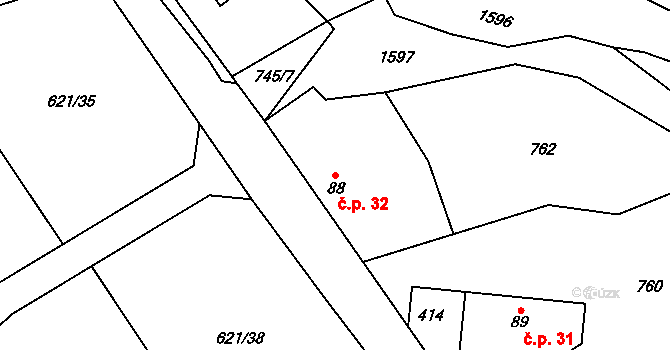 Halouny 32, Svinaře na parcele st. 88 v KÚ Svinaře, Katastrální mapa
