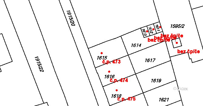 Holice 473, Olomouc na parcele st. 1615 v KÚ Holice u Olomouce, Katastrální mapa