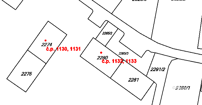 Jirkov 1132,1133 na parcele st. 2280 v KÚ Jirkov, Katastrální mapa