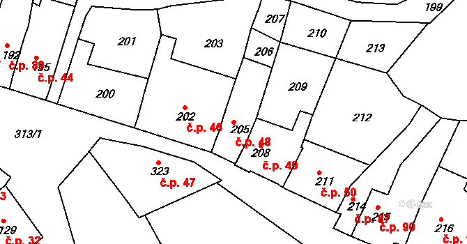 Horákov 48, Mokrá-Horákov na parcele st. 205 v KÚ Horákov, Katastrální mapa