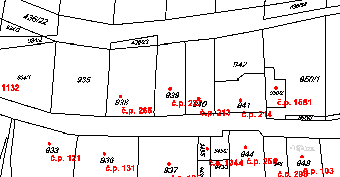 Kuřim 227 na parcele st. 939 v KÚ Kuřim, Katastrální mapa