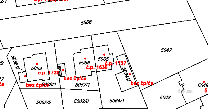 Východní Předměstí 1737, Plzeň na parcele st. 5065 v KÚ Plzeň, Katastrální mapa