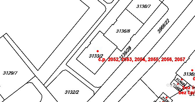 Východní Předměstí 2052,2053,2054,2055,, Plzeň na parcele st. 3133/2 v KÚ Plzeň, Katastrální mapa