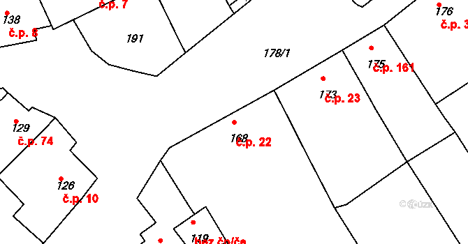 Sentice 22 na parcele st. 168 v KÚ Sentice, Katastrální mapa