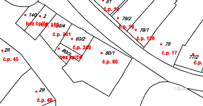 Čebín 80 na parcele st. 80/1 v KÚ Čebín, Katastrální mapa
