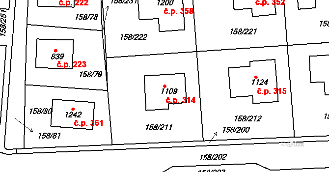 Háje 314, Cheb na parcele st. 1109 v KÚ Háje u Chebu, Katastrální mapa