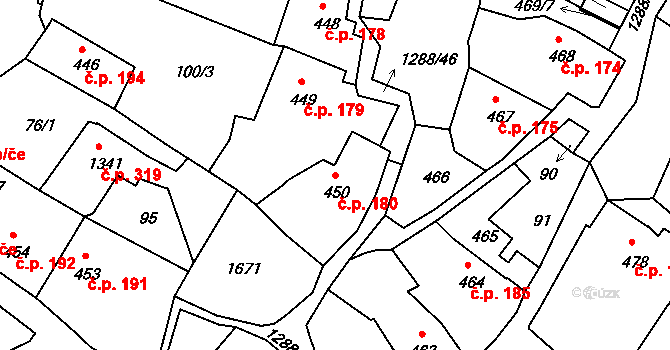 Plešivec 180, Český Krumlov na parcele st. 450 v KÚ Český Krumlov, Katastrální mapa