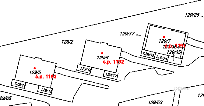 Jilemnice 1192 na parcele st. 129/6 v KÚ Jilemnice, Katastrální mapa