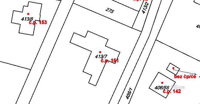 Habrůvka 151 na parcele st. 413/7 v KÚ Habrůvka, Katastrální mapa