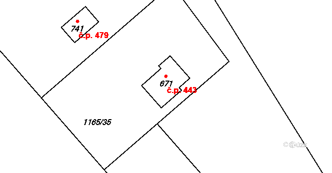 Ropice 443 na parcele st. 671 v KÚ Ropice, Katastrální mapa