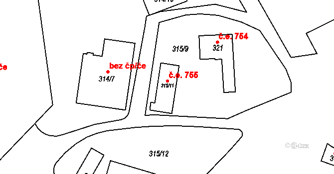 Sadová 755, Brno na parcele st. 315/11 v KÚ Sadová, Katastrální mapa