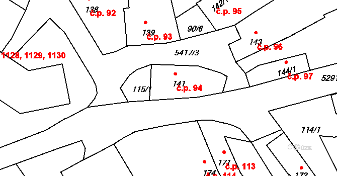 Vizovice 94 na parcele st. 141 v KÚ Vizovice, Katastrální mapa