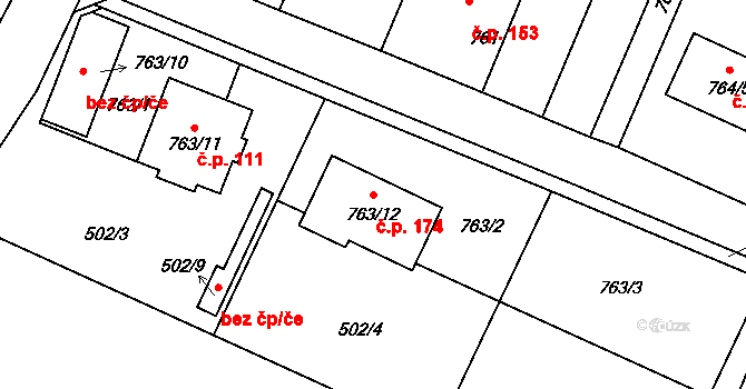 Pertoltice pod Ralskem 174 na parcele st. 763/12 v KÚ Pertoltice pod Ralskem, Katastrální mapa