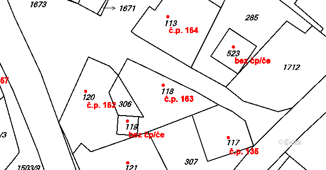 Rosice 163 na parcele st. 118 v KÚ Rosice u Chrasti, Katastrální mapa