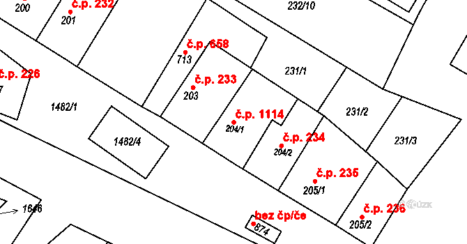 Kostelec nad Labem 1114 na parcele st. 204/1 v KÚ Kostelec nad Labem, Katastrální mapa