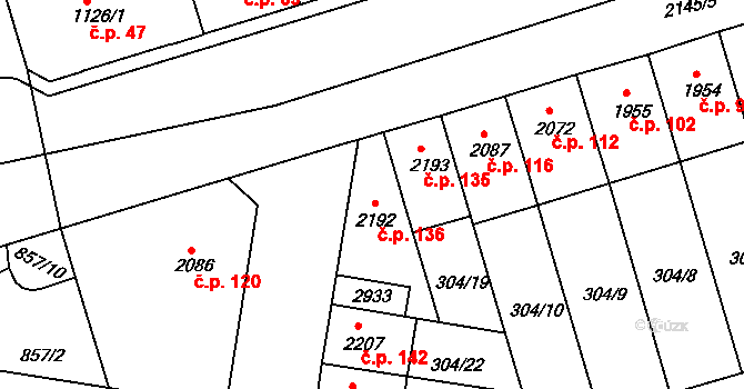 Václavské Předměstí 136, Písek na parcele st. 2192 v KÚ Písek, Katastrální mapa