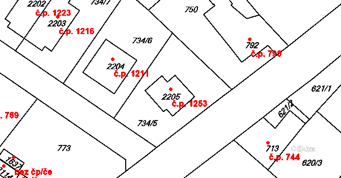 Neratovice 1253 na parcele st. 2205 v KÚ Neratovice, Katastrální mapa