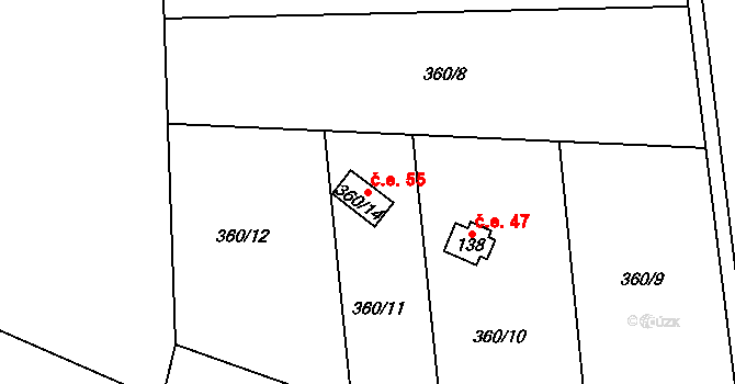 Malá Lečice 55, Bojanovice na parcele st. 360/14 v KÚ Malá Lečice, Katastrální mapa
