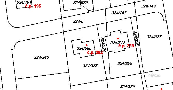 Levín 292, Králův Dvůr na parcele st. 324/565 v KÚ Levín u Berouna, Katastrální mapa