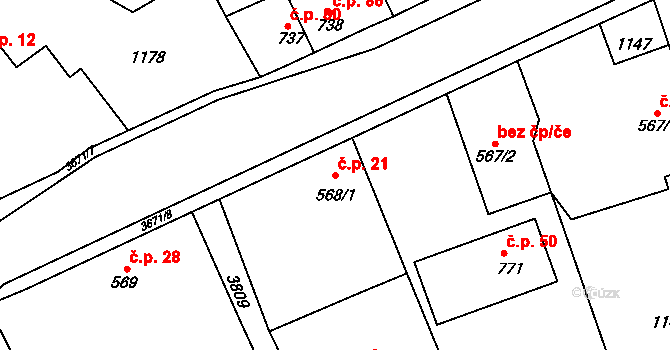 Jezbiny 21, Jaroměř na parcele st. 568/1 v KÚ Jezbiny, Katastrální mapa