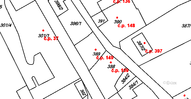 Olomučany 149 na parcele st. 389 v KÚ Olomučany, Katastrální mapa