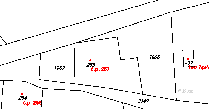 Hrabišín 257 na parcele st. 255 v KÚ Hrabišín, Katastrální mapa