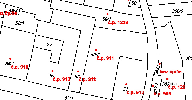 Mohelnice 911 na parcele st. 52/2 v KÚ Mohelnice, Katastrální mapa