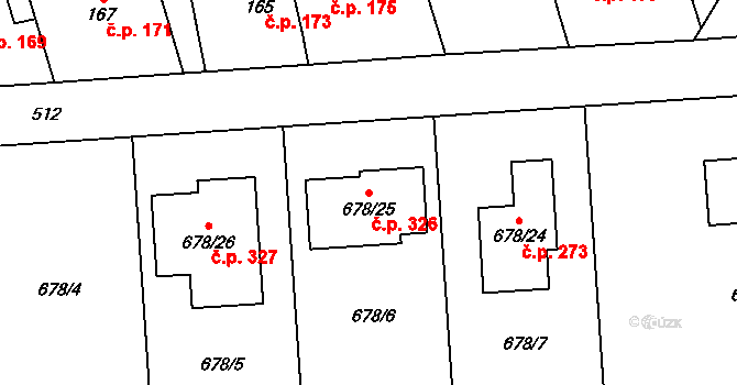 Chlebičov 326 na parcele st. 678/25 v KÚ Chlebičov, Katastrální mapa