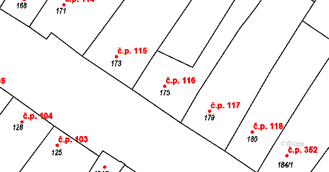 Perná 116 na parcele st. 175 v KÚ Perná, Katastrální mapa