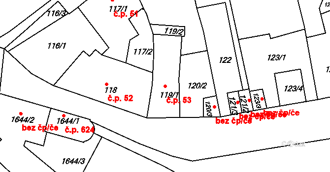 Holešov 53 na parcele st. 119/1 v KÚ Holešov, Katastrální mapa