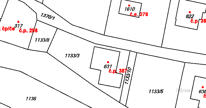 Vranov nad Dyjí 387 na parcele st. 631 v KÚ Vranov nad Dyjí, Katastrální mapa