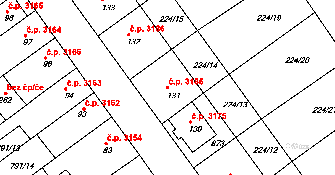 Znojmo 3185 na parcele st. 131 v KÚ Znojmo-Hradiště, Katastrální mapa