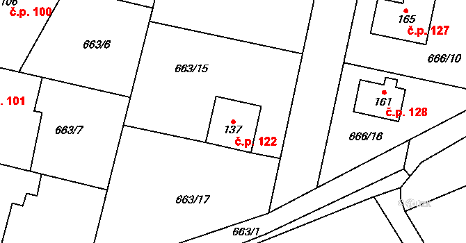 Skoky 122, Dolní Újezd na parcele st. 137 v KÚ Skoky u Staměřic, Katastrální mapa