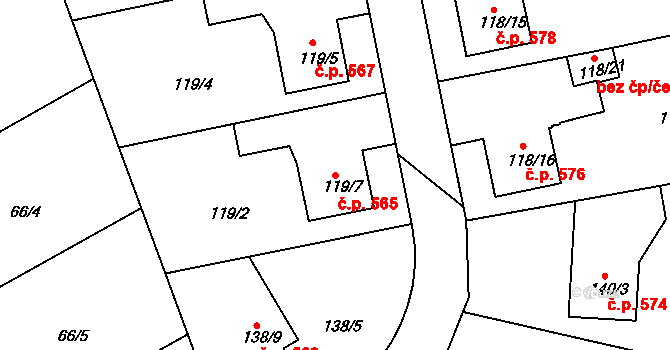 Lyžbice 565, Třinec na parcele st. 119/7 v KÚ Lyžbice, Katastrální mapa
