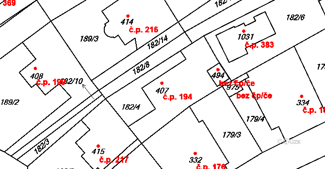 Brandýsek 194 na parcele st. 407 v KÚ Brandýsek, Katastrální mapa