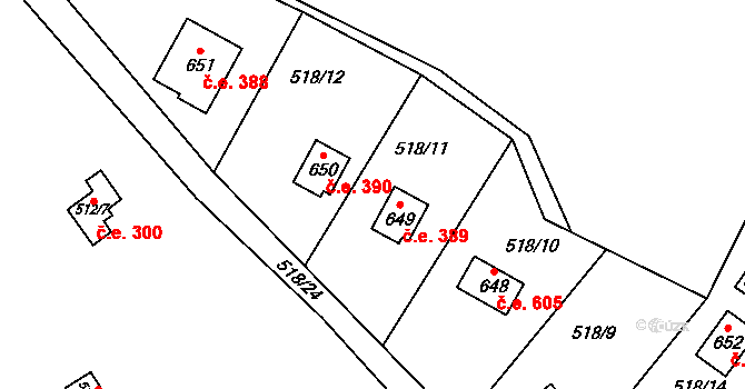 Kamenný Újezdec 389, Kamenný Přívoz na parcele st. 649 v KÚ Kamenný Přívoz, Katastrální mapa