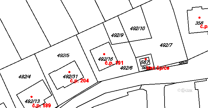 Dolní Lhota 191, Blansko na parcele st. 492/16 v KÚ Dolní Lhota, Katastrální mapa
