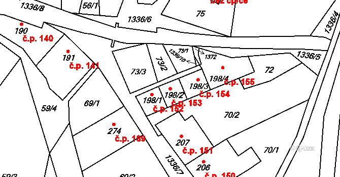 Lomnice 153 na parcele st. 198/2 v KÚ Lomnice u Tišnova, Katastrální mapa
