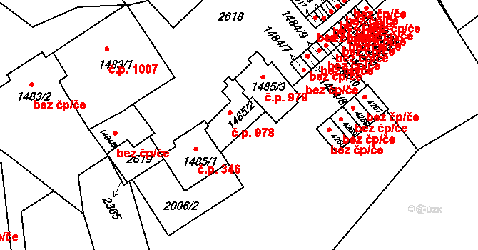Stařečka 978, Třebíč na parcele st. 1485/2 v KÚ Třebíč, Katastrální mapa