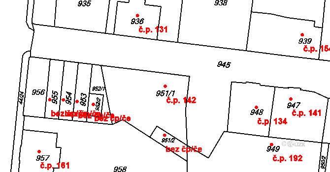 Děčín XXXII-Boletice nad Labem 142, Děčín na parcele st. 951/1 v KÚ Boletice nad Labem, Katastrální mapa